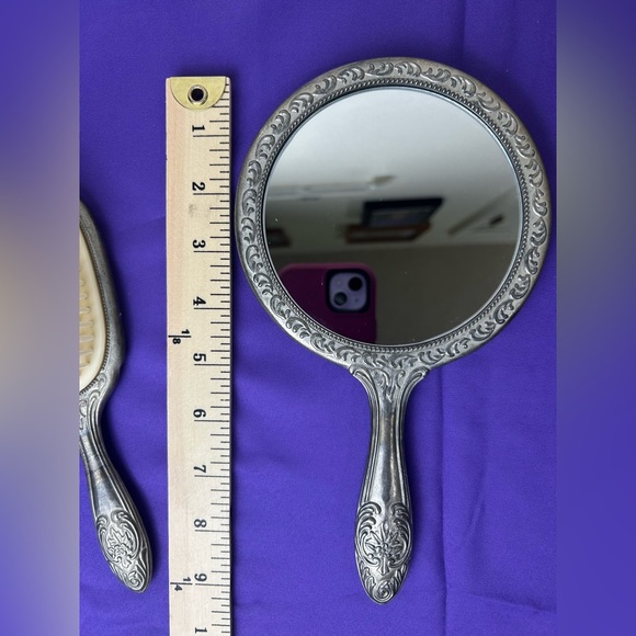 Vanity Set Vintage Silver Plated Hand Mirror & Hair Brush Victorian Heavy - Picture 8 of 8